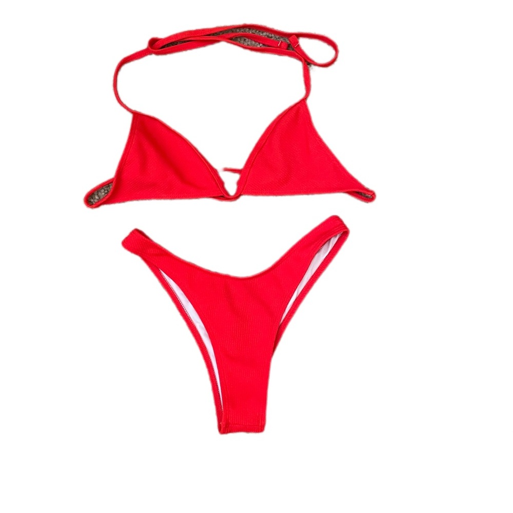 ZAFUL Textured Triangle String Bikini Swimwear - Red Orange Size Small
